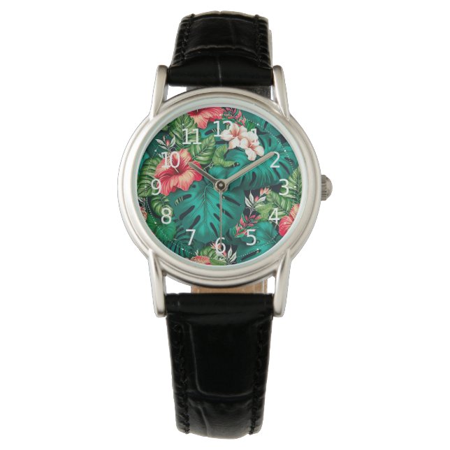 Montre Élégants Feuilles tropicaux et fleurs d'Hibiscus | (devant)