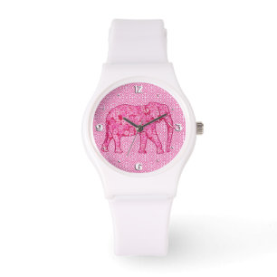 Montre Éléphant de fleurs - rose fuchsia