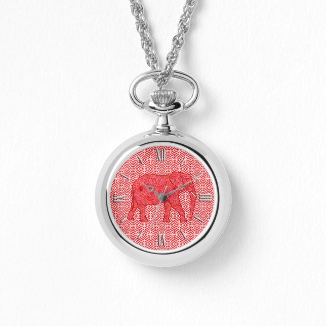 Montre Eléphant de fleurs - rouge profond et corail (Recto)