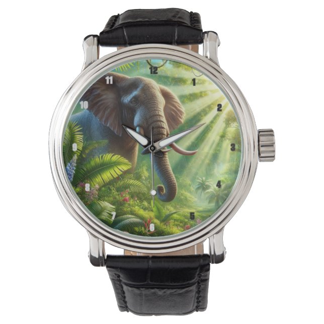 Montre Elephant debout au milieu du feuillage de la jungl (devant)