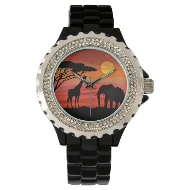 Montre Elephant et rhinocéros dans le coucher du soleil d (devant)