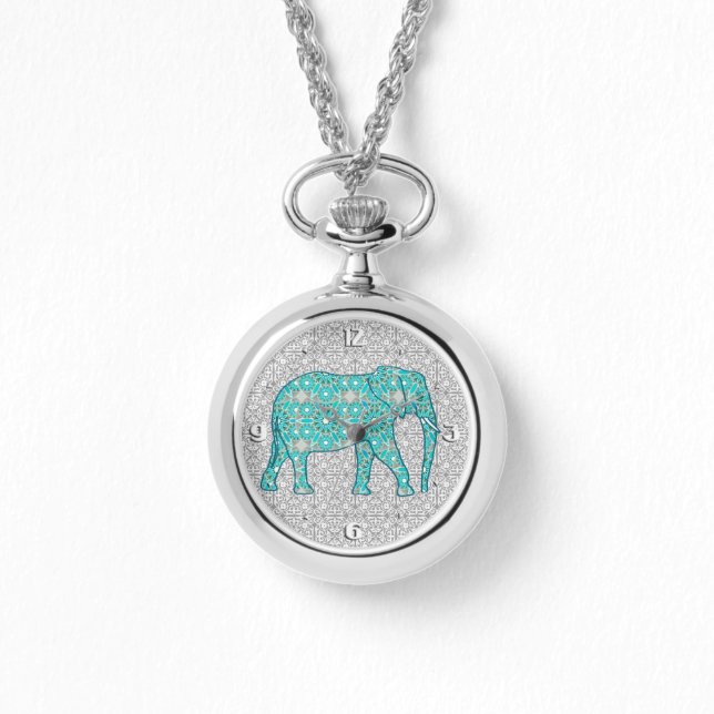Montre Eléphant fleur Mandala - turquoise, gris & blanc (Recto)