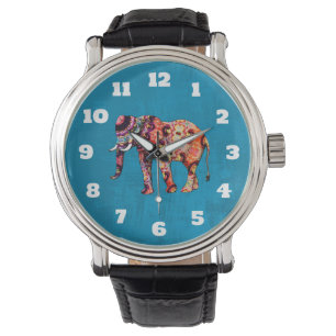 Montre Eléphant multicolore coloré sur Arrière - plan ble