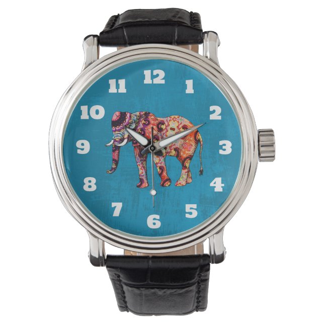 Montre Eléphant multicolore coloré sur Arrière - plan ble (devant)