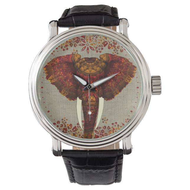 Montre Eléphant Orné Couleurs Rustiques Élégantes (devant)