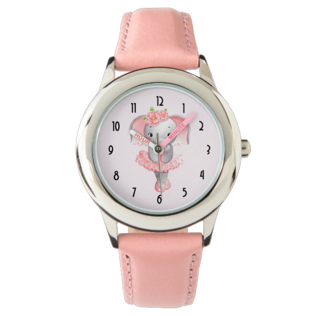 Montre Eléphant rose et gris mou Ballerina (devant)