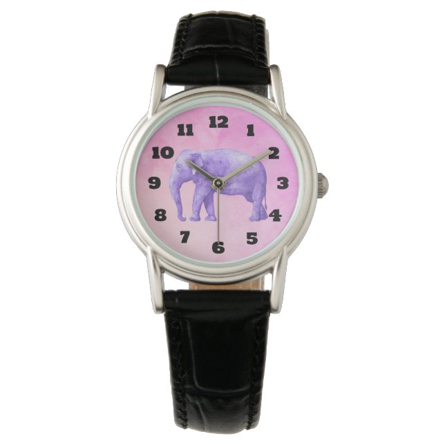 Montre Eléphant violet sur des aquarelles roses de rêve (devant)