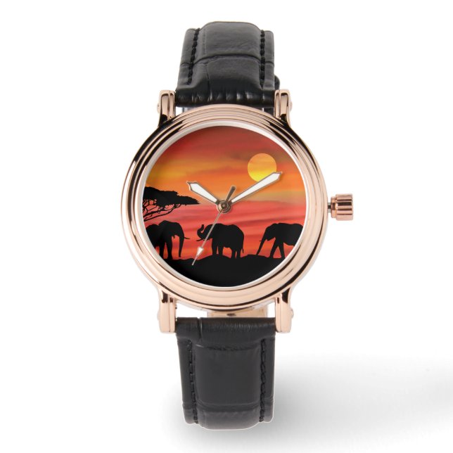 Montre Eléphants mignons dans le coucher du soleil du Ser (Recto)
