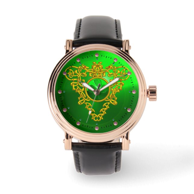 MONTRE EMERALD GREEN SHAMROCK ET CELTIC HEART GOLD KNOTS (Recto)