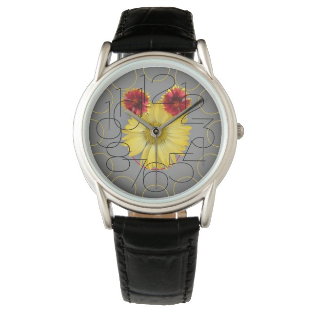 Montre en cuir noir avec visage de fleur (devant)