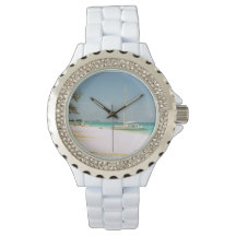 Montre en émail blanc avec design de plage