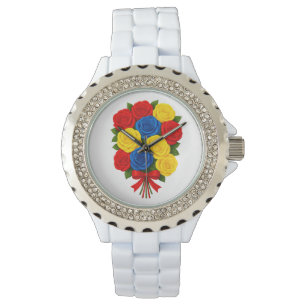 Montre en émail blanc et strass Bouquet de roses p