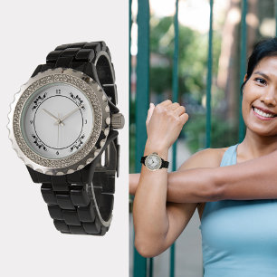 Montre en émail décoratif noir en strass féminin