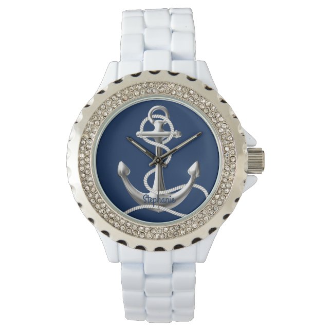 Montre en strass personnalisées ancre en argent (devant)