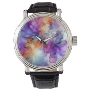Montre Encre d'alcool orange et violet Abstraite