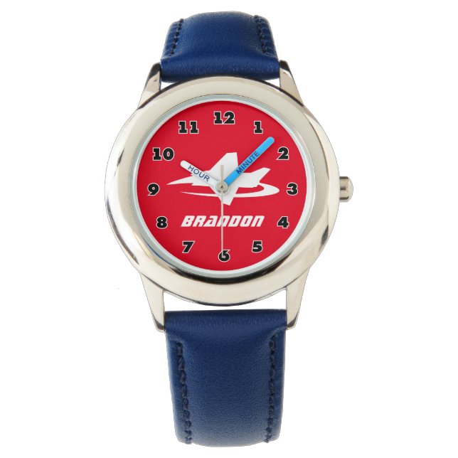 Montre enfant de chasseur à réaction cool avec nom (devant)