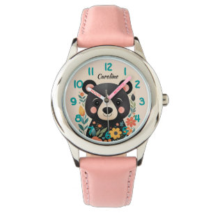 Montre Enfants à ours noir floral mignon