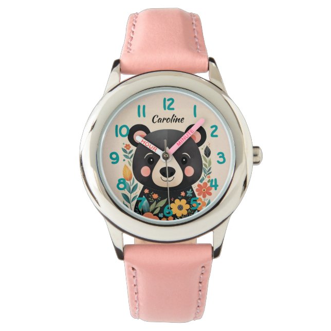 Montre Enfants à ours noir floral mignon (devant)