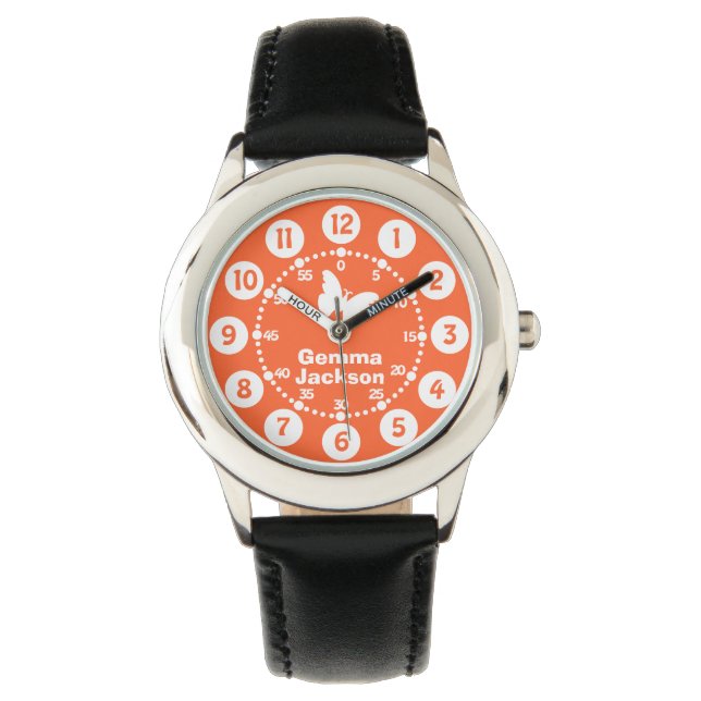Montre Enfants filles orange & blanc nom complet bracelet (devant)