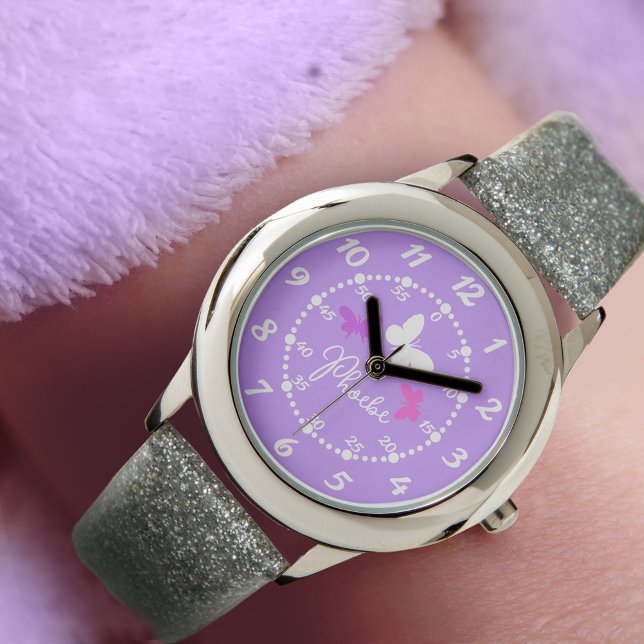 Montre Enfants filles pourpre trois papillons et nom (Créateur téléchargé)