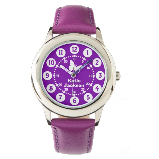 Montre Enfants filles violet & blanc nom complet bracelet (devant)