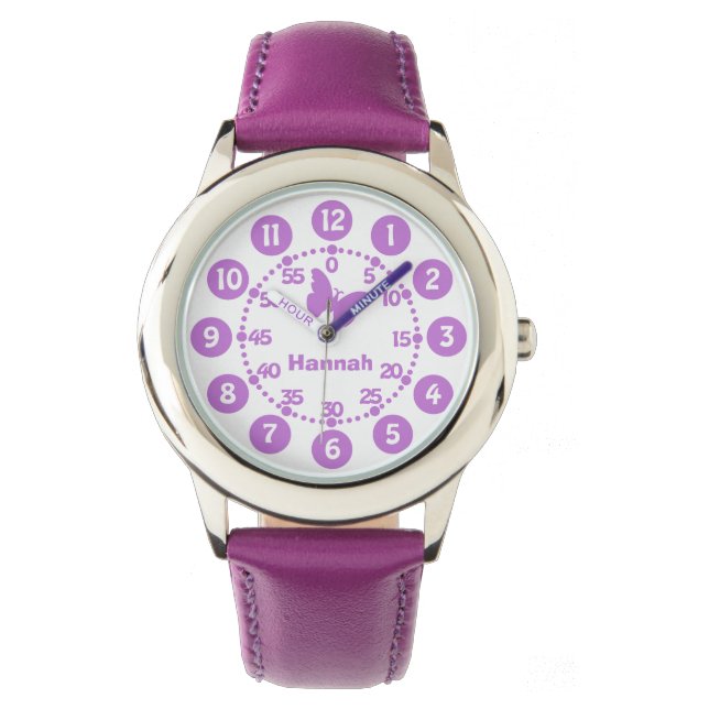 Montre Enfants filles violet & blanc personnalisées poign (devant)