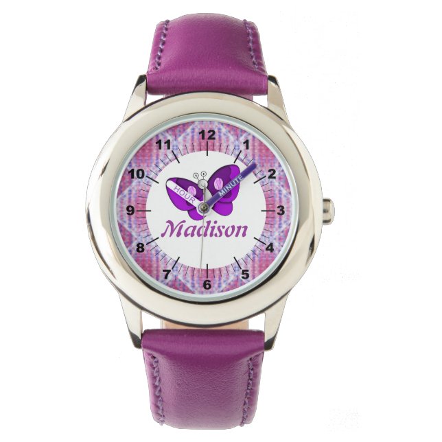 Montre Enfants Nom personnalisé Pink Purple Plaid Papillo (devant)