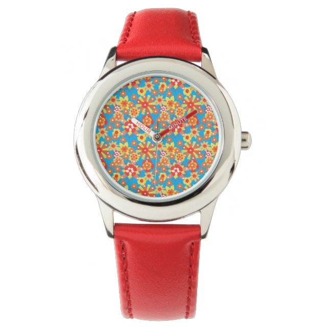 Montre Enfants Red Wristwatch : Ditzy Orange Flowers Moti (devant)