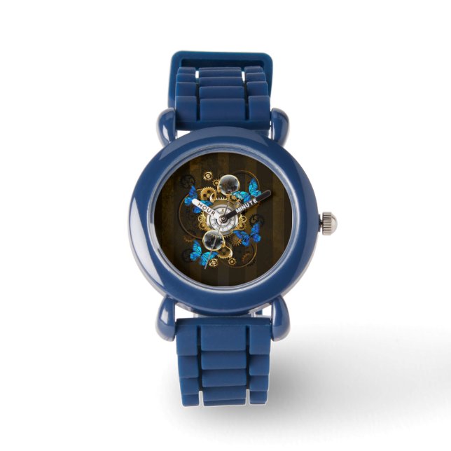 Montre Engrenages à vapeur et papillons bleus (Recto)