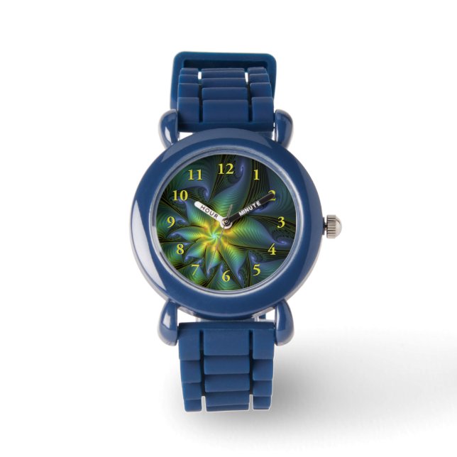 Montre Etoile Abstraite, Bleu brillant Vert Or Fractal Ar (Recto)