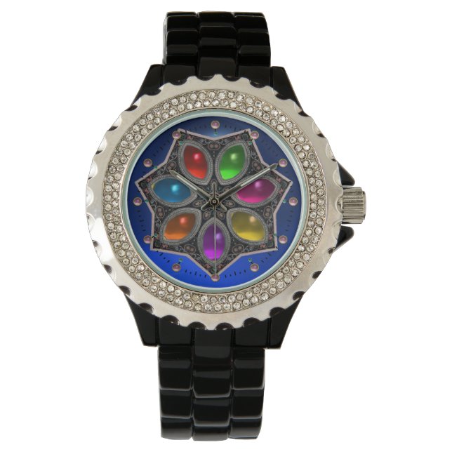 Montre ÉTOILE BRILLANTE AVEC PIERRES COLORÉES, Bleu (devant)