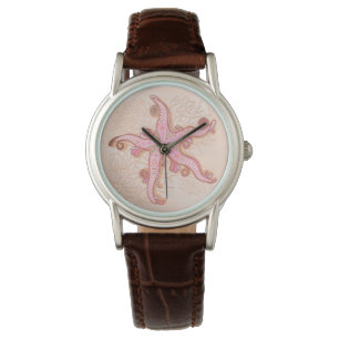 Montre Étoiles de mer et motif pastel rose corail