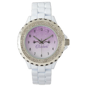Montre Eyelashes rose et noir élégant sur Parties scintil