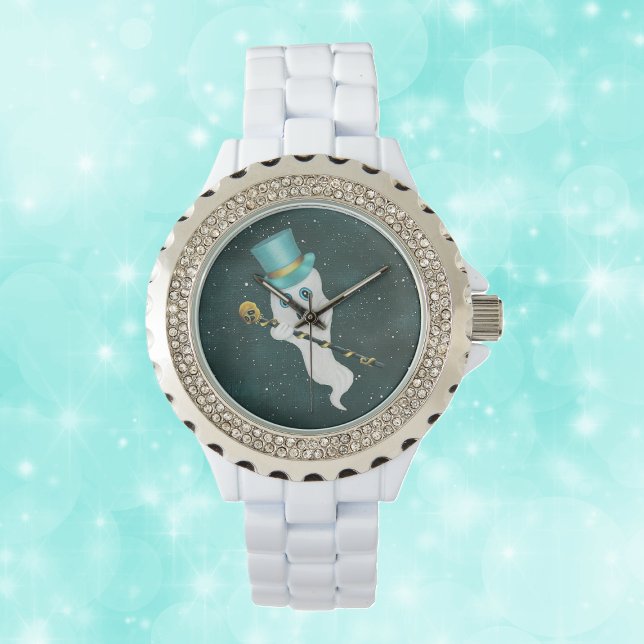 Montre Fantôme de nuit bleu ciel Top Hat crâne Canne (Fun dressed up fancy ghost in top hat skull cane in night sky on wristwatch.)