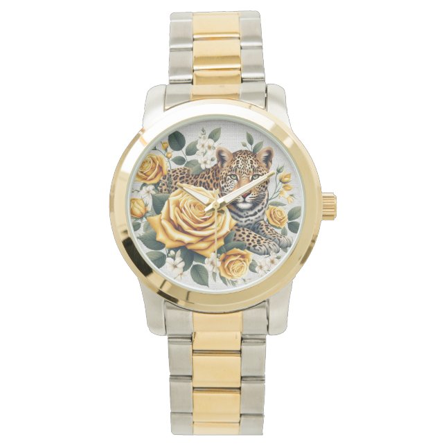 Montre féminine avec léopards et roses (devant)