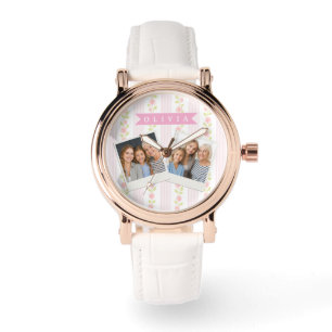 Montre Féminine rose personnalisée à rayures florales coq