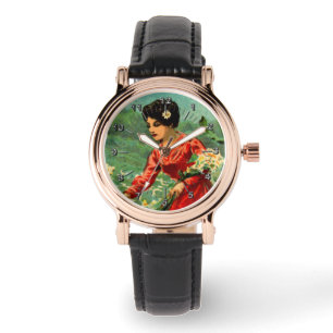 Montre Femme cueillant des fleurs vintage