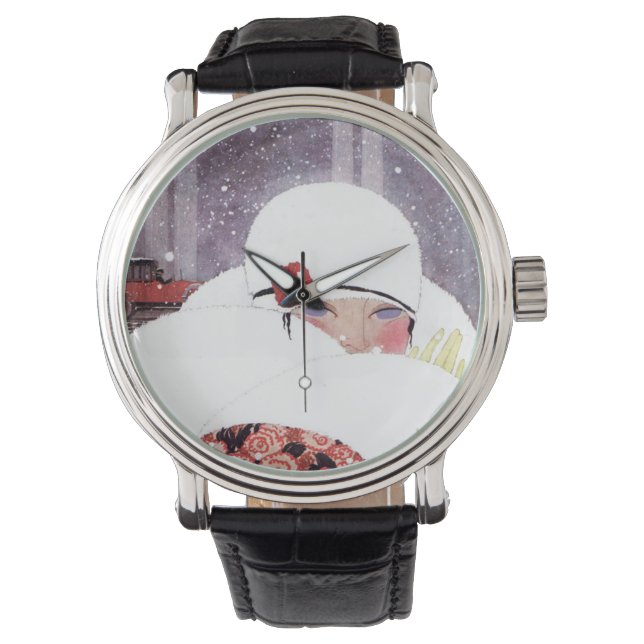 MONTRE FEMME DANS LA NEIGE, MODE DE BEAUTÉ HIVER (devant)