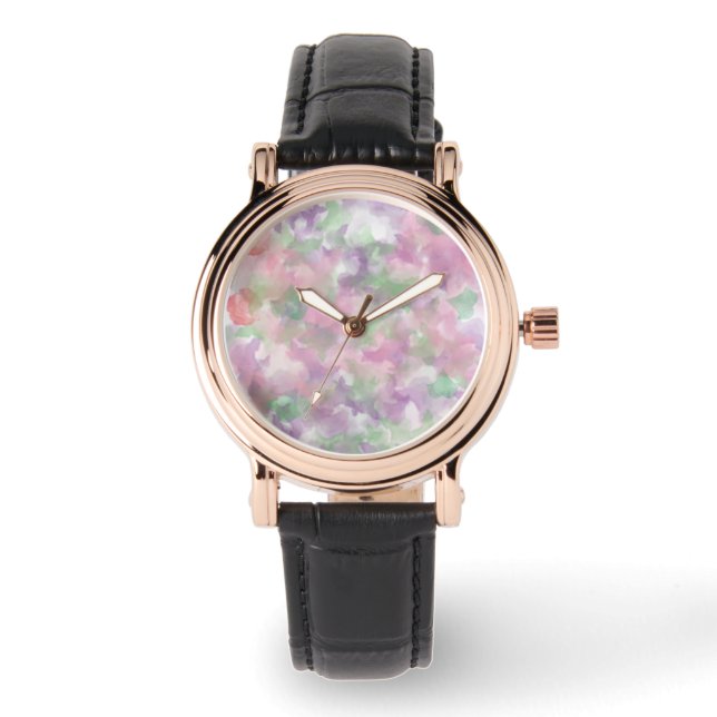 Montre Femme de conception florale Black Leather strap Wa (Recto)