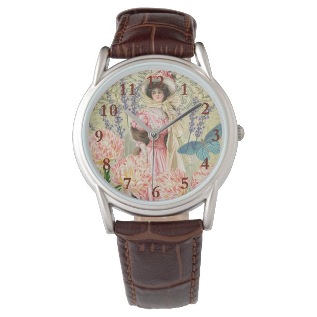 Montre Femme victorienne florale rose Régence (devant)