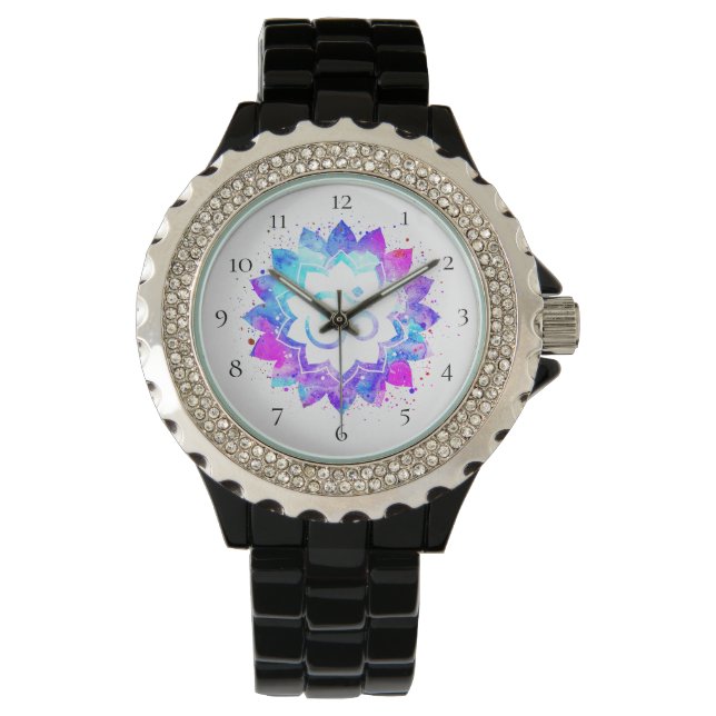Montre *~* Femmes Noir Lotus Om Nouvel Âge Mandala (devant)
