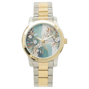 Montre Feuilles colorés Floral Abstrait Turquoise bleu ro