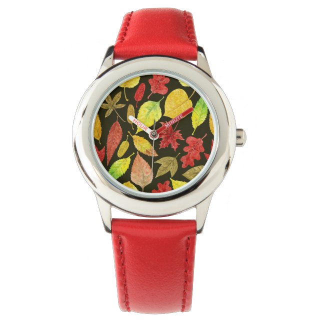 Montre Feuilles d'automne aquarelle foncée (devant)