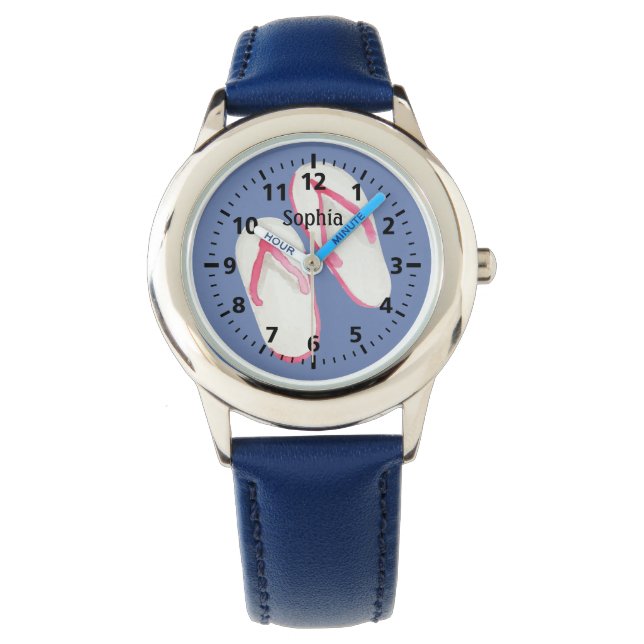Montre Feuilles de tongs d'été rose sur bleu Personnalisé (devant)