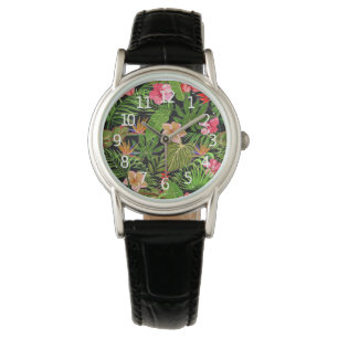 Montre Feuilles tropicaux colorés et fleurs d'Hibiscus  