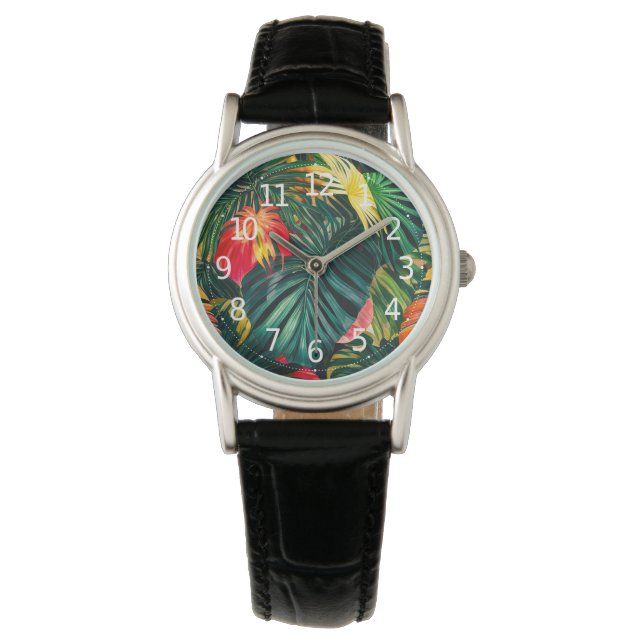 Montre Feuilles tropicaux colorés et fleurs d'Hibiscus | (devant)