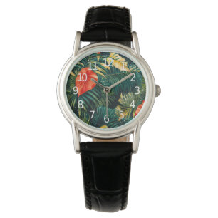 Montre Feuilles tropicaux colorés et fleurs d'Hibiscus  
