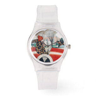 Montre Fille et chien pug dans une automobile rouge