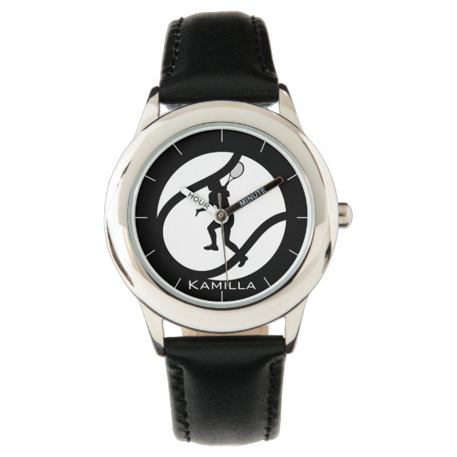 Montre Fille Jouer Tennis Personnalisé Noir & Blanc (devant)