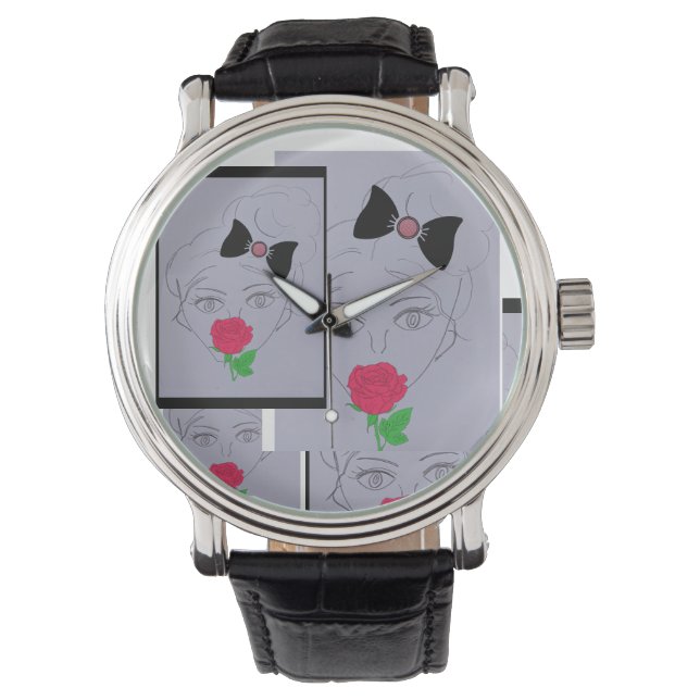 Montre fille mignonne, rose rose, ruban noir (devant)